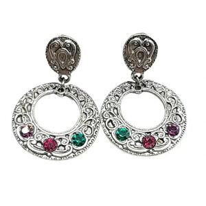 Retro Art Nouveau Style Multi-Color Rhinestone Silver Tone Dangle Clip Earrings